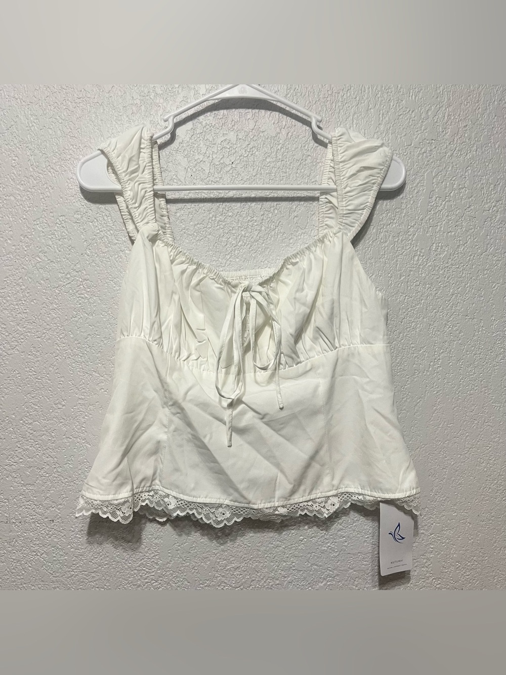 NWT❗️Kutumai White Lace Trim Tie Front Puff Sleeve Blouse Top size XL